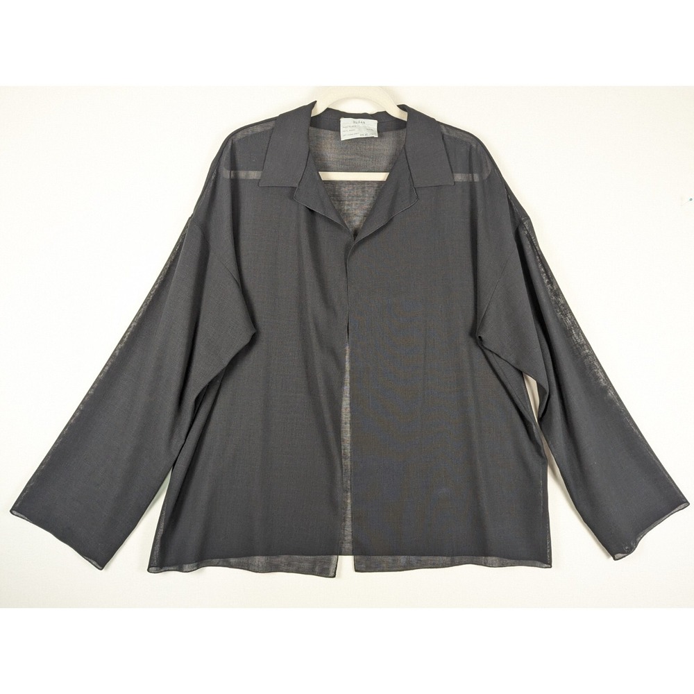 DUSAN Jacket Women XL 100% Wool Black Open Front Sheer Long Sleeve Collared Top